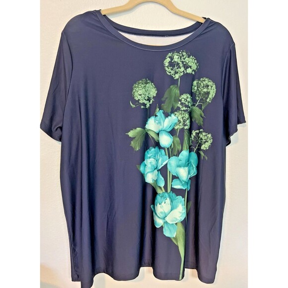 DG2 by Diane Gilman Women's Short-Sleeve Floral Printed Tee TShirt Navy 1X - Picture 1 of 5